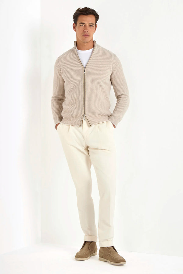 beige ribbed full zip, men's cashmere full zip, italian knit full zip, beige cashmere zip sweater, luxury men's full zip, elegant men's knitwear, refined ribbed full zip, tailored beige full zip, premium italian full zip, sophisticated men's zip sweater, timeless italian knitwear, upscale men's full zip, classic beige zip