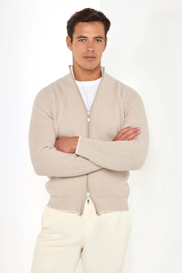 beige ribbed full zip, men's cashmere full zip, italian knit full zip, beige cashmere zip sweater, luxury men's full zip, elegant men's knitwear, refined ribbed full zip, tailored beige full zip, premium italian full zip, sophisticated men's zip sweater, timeless italian knitwear, upscale men's full zip, classic beige zip