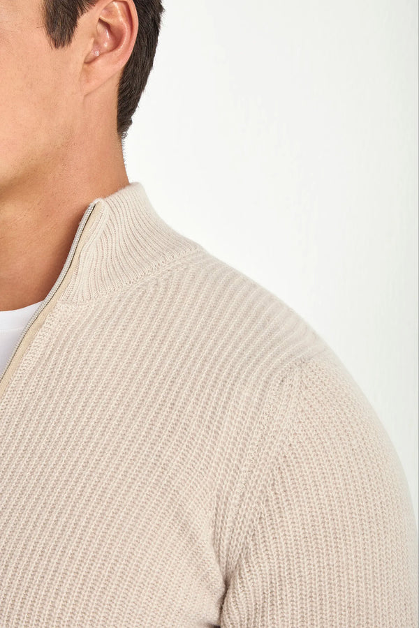 beige ribbed full zip, men's cashmere full zip, italian knit full zip, beige cashmere zip sweater, luxury men's full zip, elegant men's knitwear, refined ribbed full zip, tailored beige full zip, premium italian full zip, sophisticated men's zip sweater, timeless italian knitwear, upscale men's full zip, classic beige zip