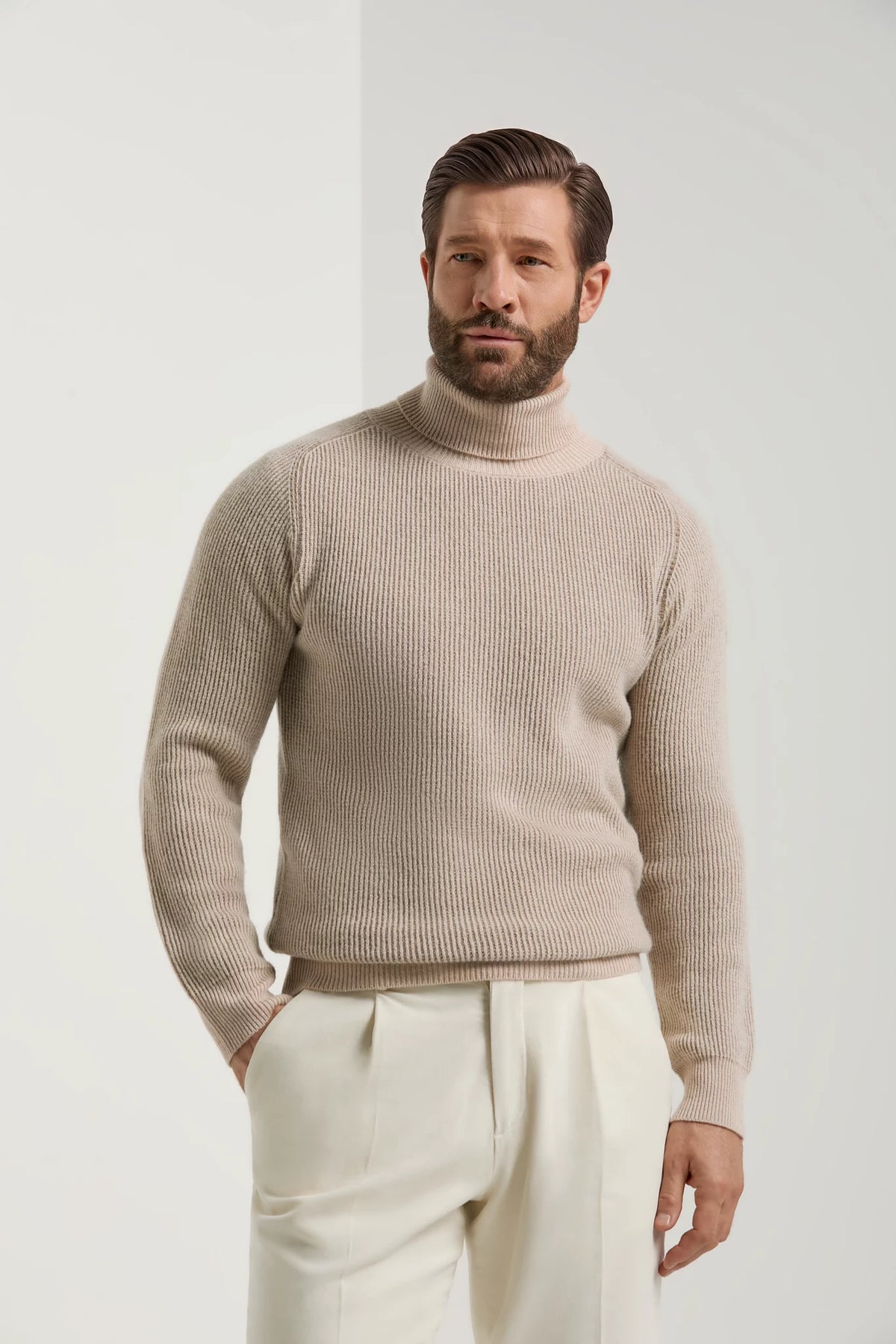 Col roulé beige côtelé - Made in Italy