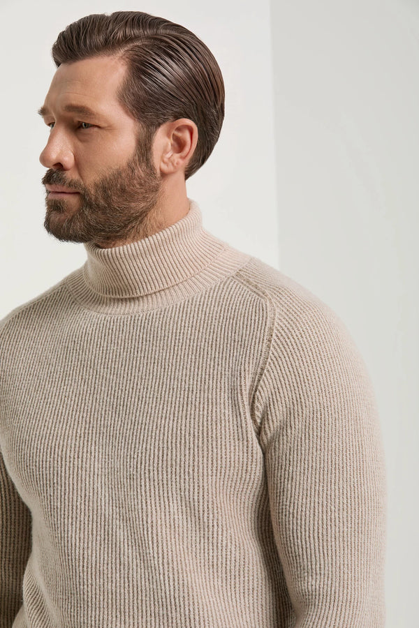 Col roulé beige côtelé - Made in Italy