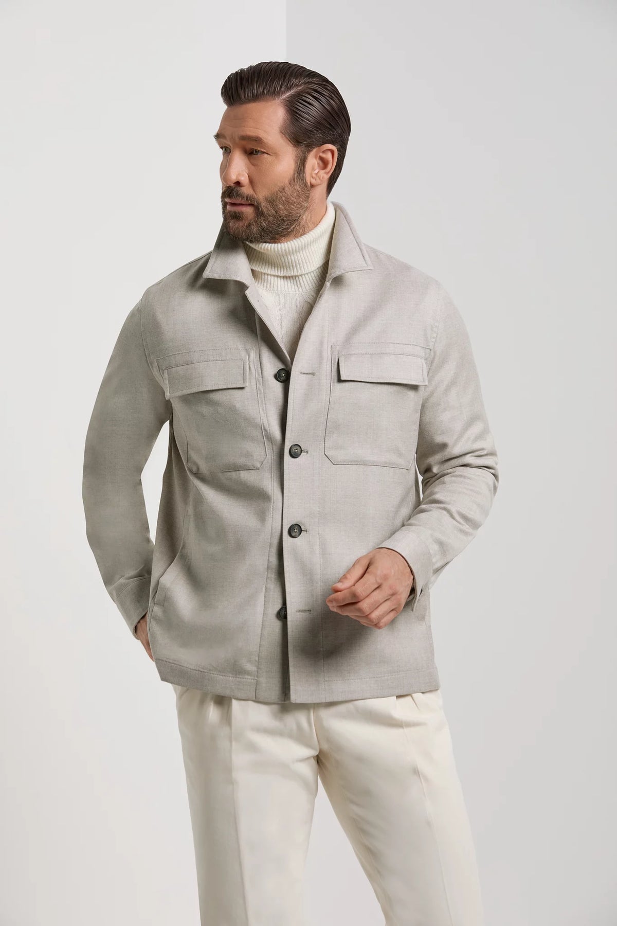 Men Pini Parma Made in Italy beige wool flannel shirt jacket