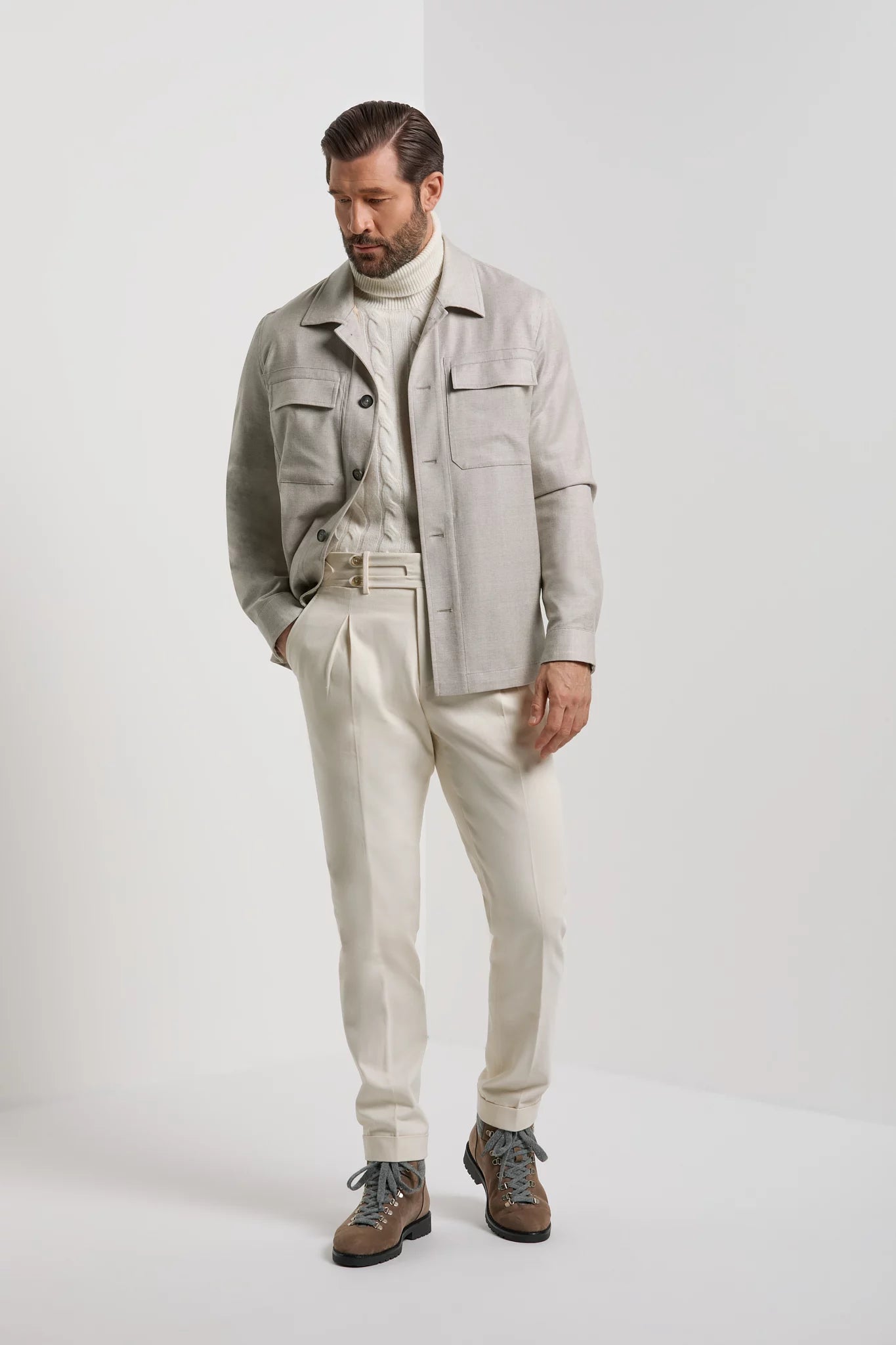 Men Pini Parma Made in Italy beige wool flannel shirt jacket