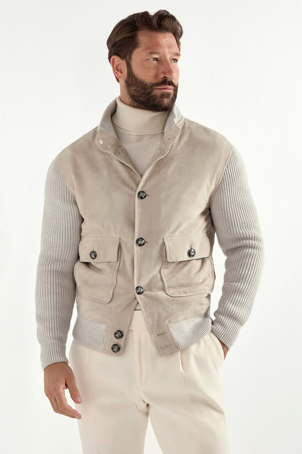 beige suede knit bomber, men's suede bomber, italian suede bomber, beige knit bomber, luxury men's bomber, elegant men's bomber, refined suede bomber, tailored beige bomber, premium italian bomber, sophisticated men's bomber, timeless italian bomber, upscale men's bomber, classic beige bomber, italian craftsmanship bomber, premium men's suede bomber, refined italian knit bomber