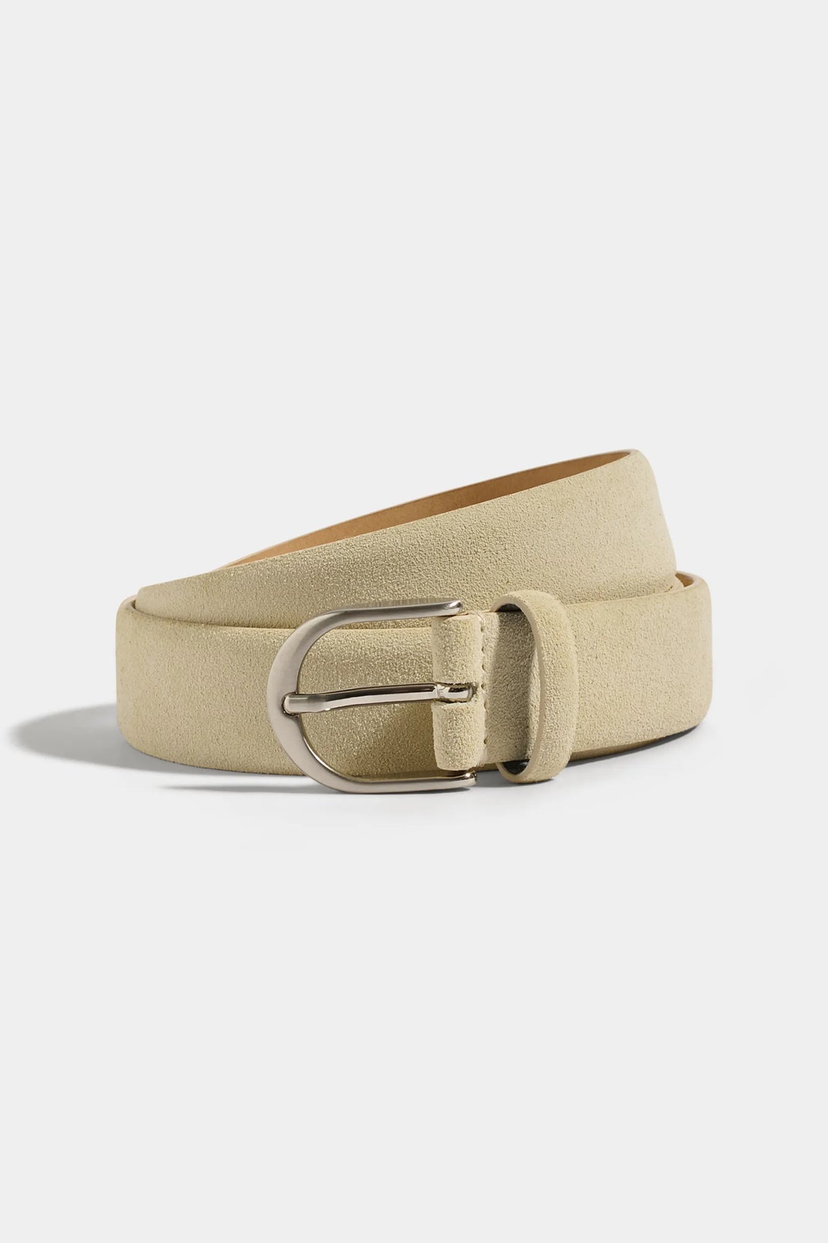 Beige belt with a metal buckle on a white background