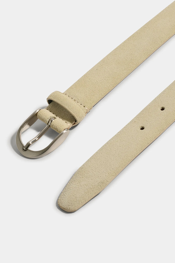 Beige belt with a metal buckle on a white background