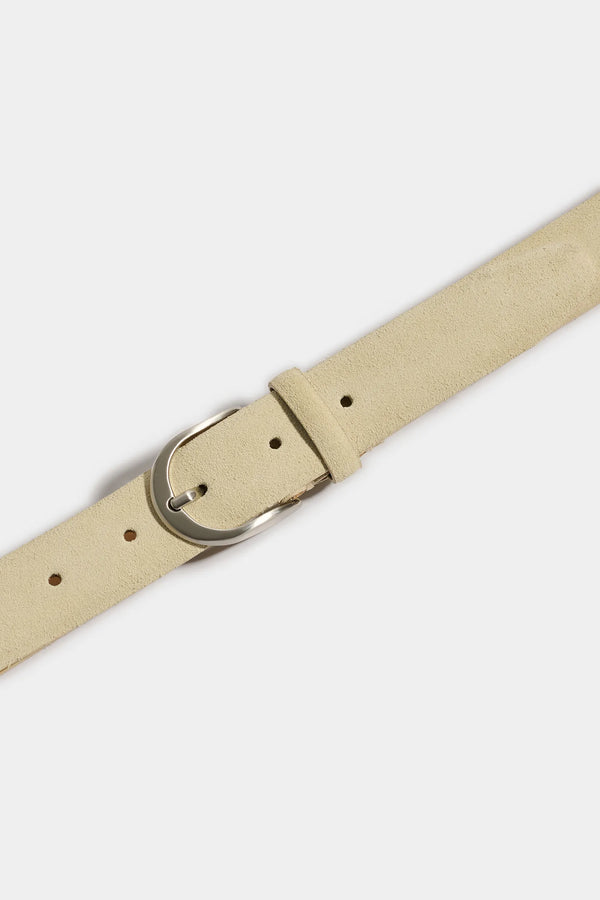 Beige belt with a metal buckle on a white background