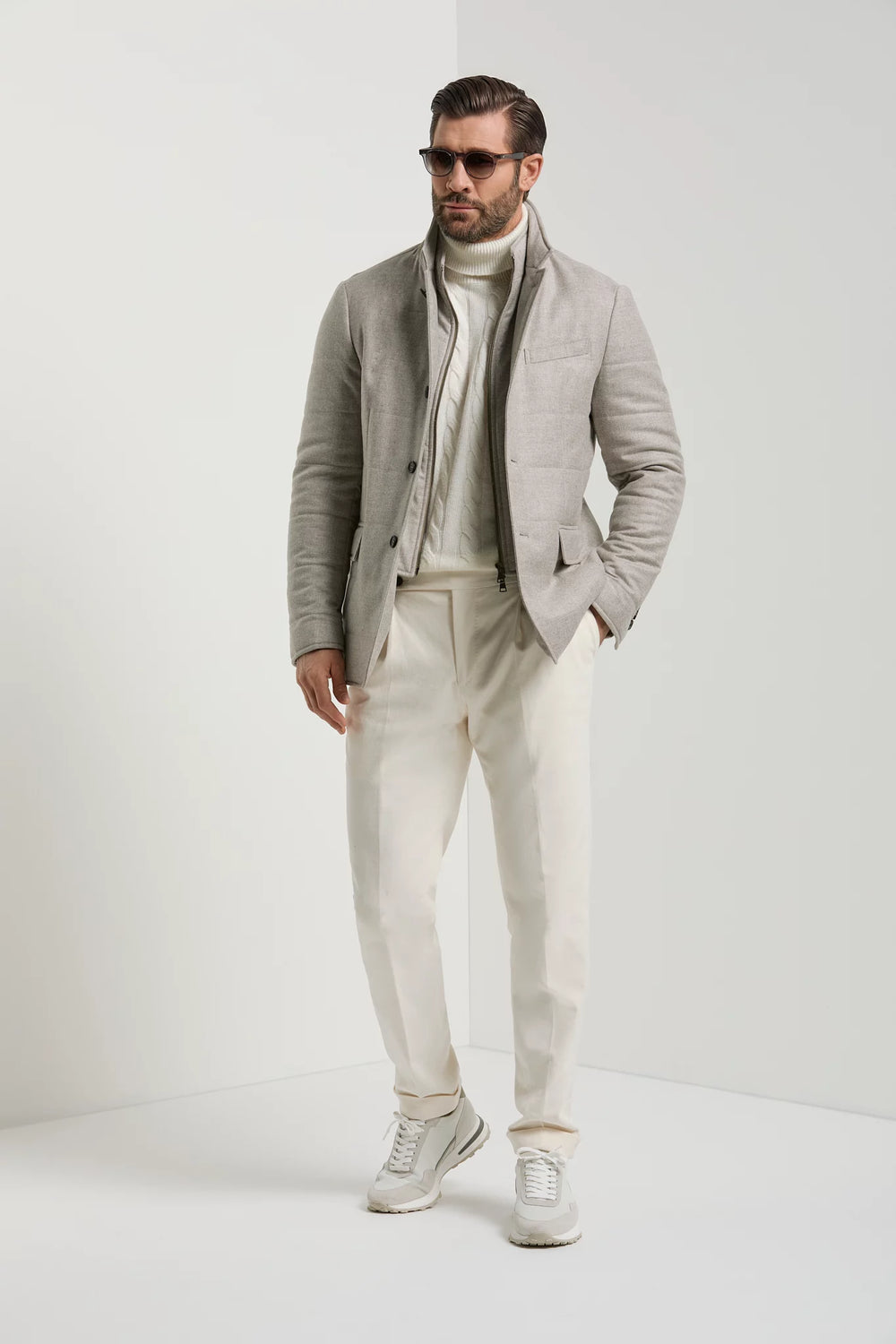 men pini parma beige padded jacket made in italy in Loro Piana wool and cashmere 