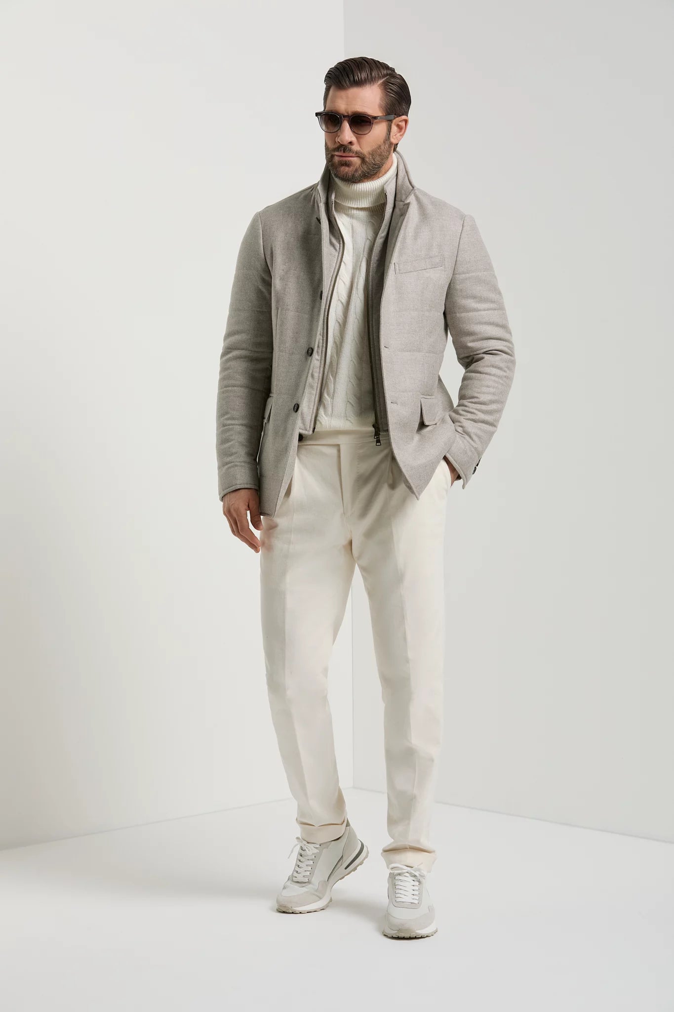 men pini parma beige padded jacket made in italy in Loro Piana wool and cashmere 