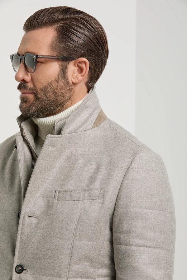 men pini parma beige padded jacket made in italy in Loro Piana wool and cashmere 