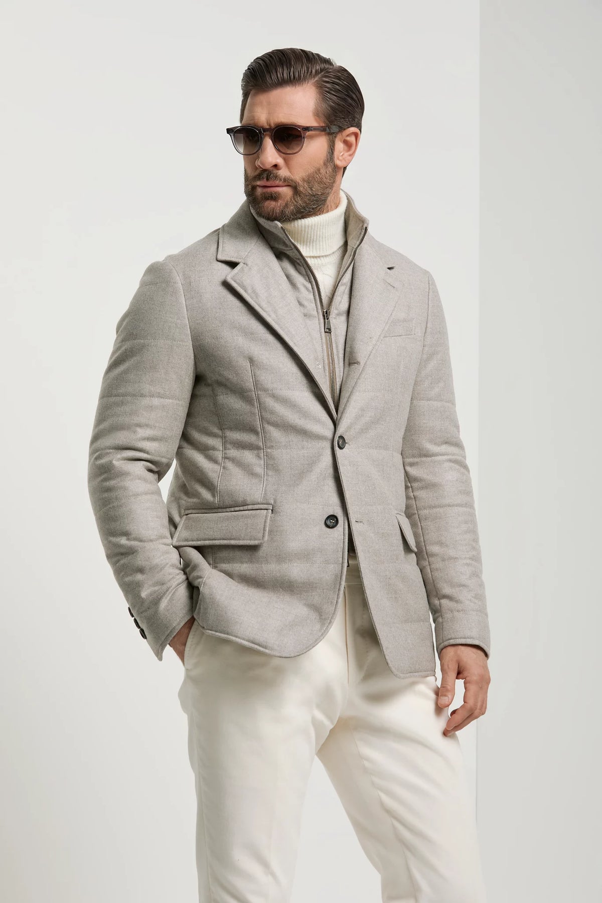 men pini parma beige padded jacket made in italy in Loro Piana wool and cashmere 