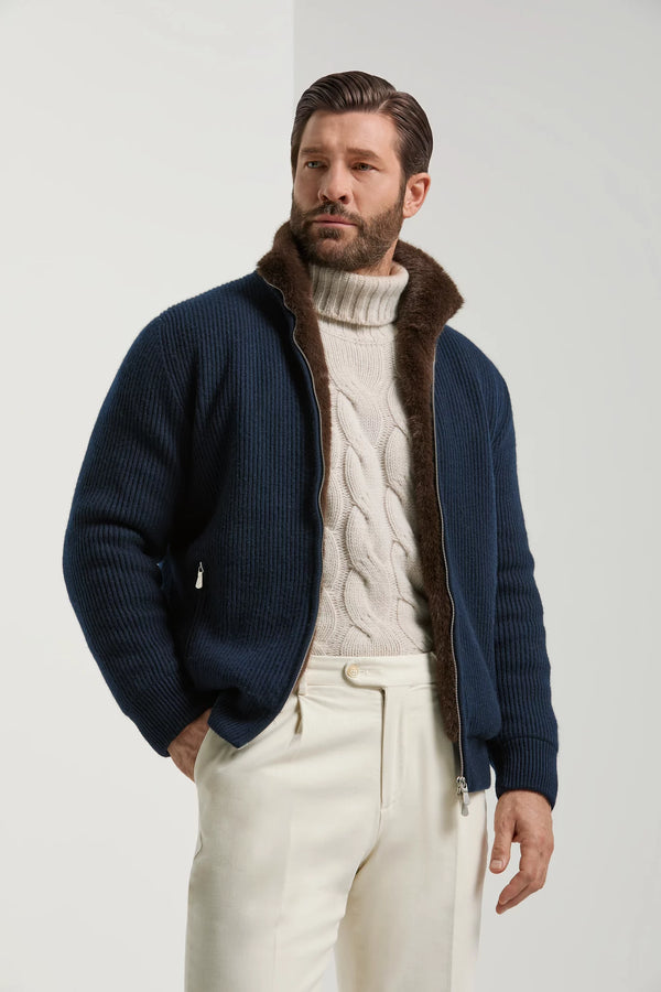 Pini Parma made in Italy men blue cashmere knitted bomber fur winter outwear