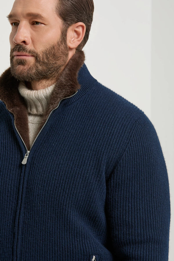 Pini Parma made in Italy men blue cashmere knitted bomber fur winter outwear