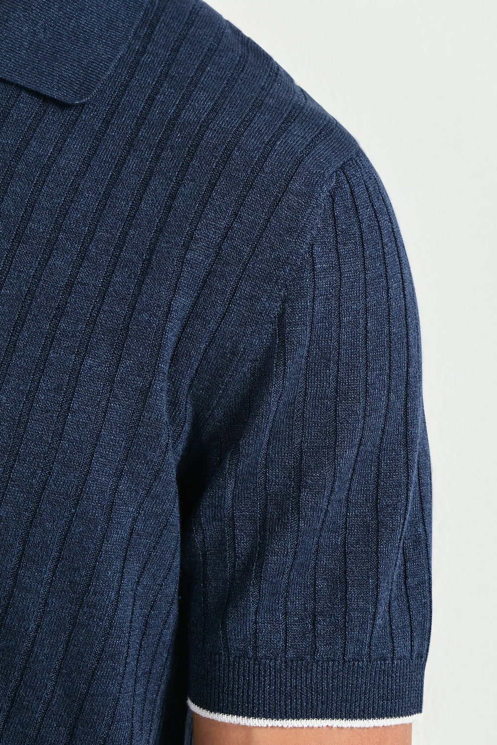Navy Blue Ribbed Sweater Blue cotton and linen ribbed polo - Made in Italy