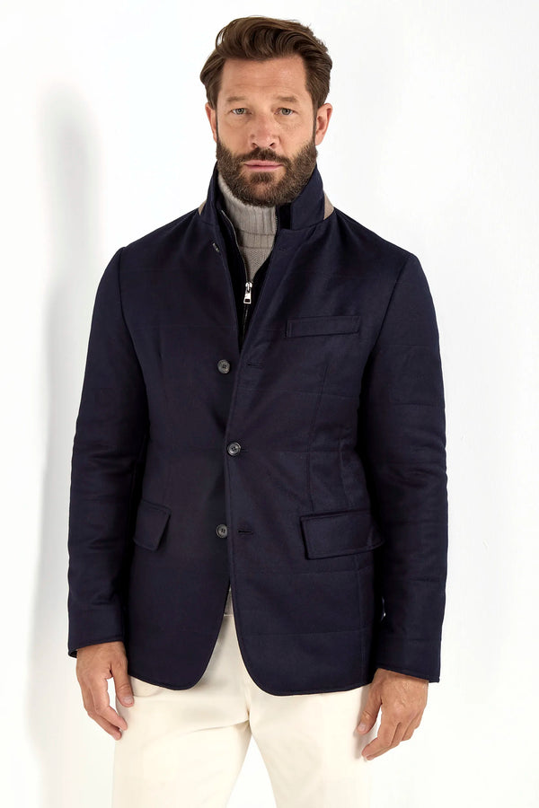 blue down jacket, men's down jacket, italian wool cashmere jacket, blue wool cashmere jacket, luxury men's jacket, elegant men's jacket, refined down jacket, tailored blue jacket, premium italian jacket, sophisticated men's outerwear, timeless italian jacket, upscale men's jacket, classic blue jacket, italian craftsmanship jacket, premium men's wool cashmere jacket, refined italian down jacket