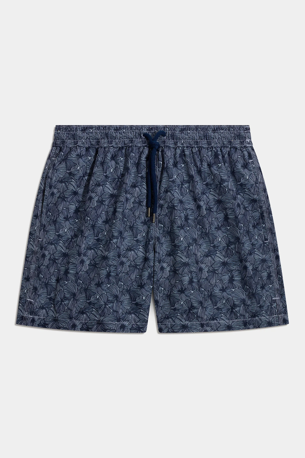 Blue patterned swimshorts on a white background