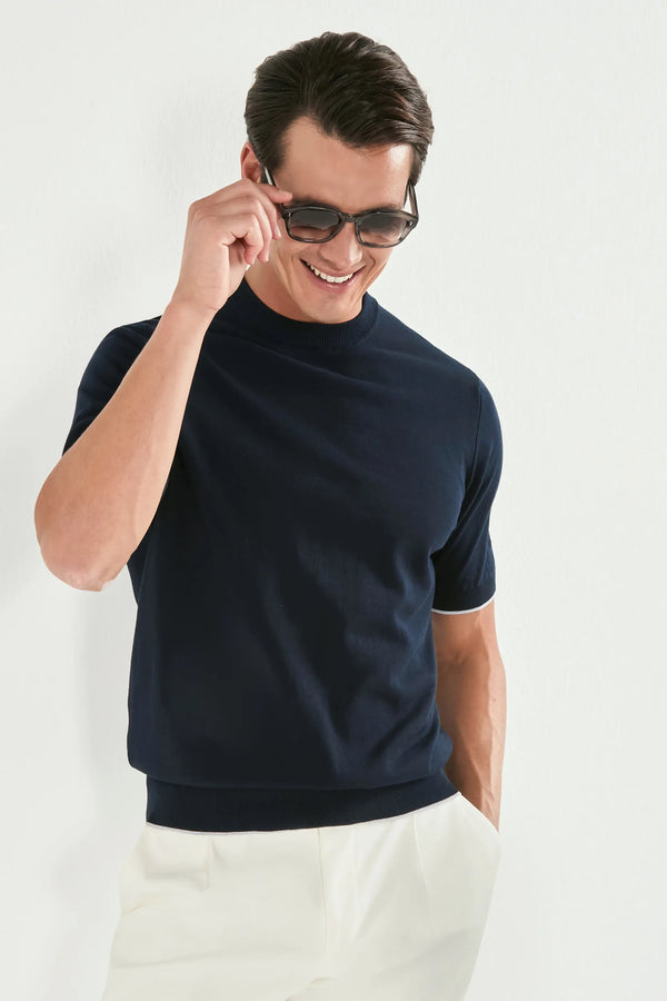 blue high neck t-shirt, men's blue t-shirt, italian cotton t-shirt, blue mock neck t-shirt, luxury men's t-shirt, elegant men's t-shirt, refined cotton t-shirt, tailored blue t-shirt, premium italian t-shirt, sophisticated men's top, timeless italian t-shirt, upscale men's t-shirt, classic blue t-shirt, italian craftsmanship t-shirt, premium men's high neck t-shirt, refined italian t-shirt