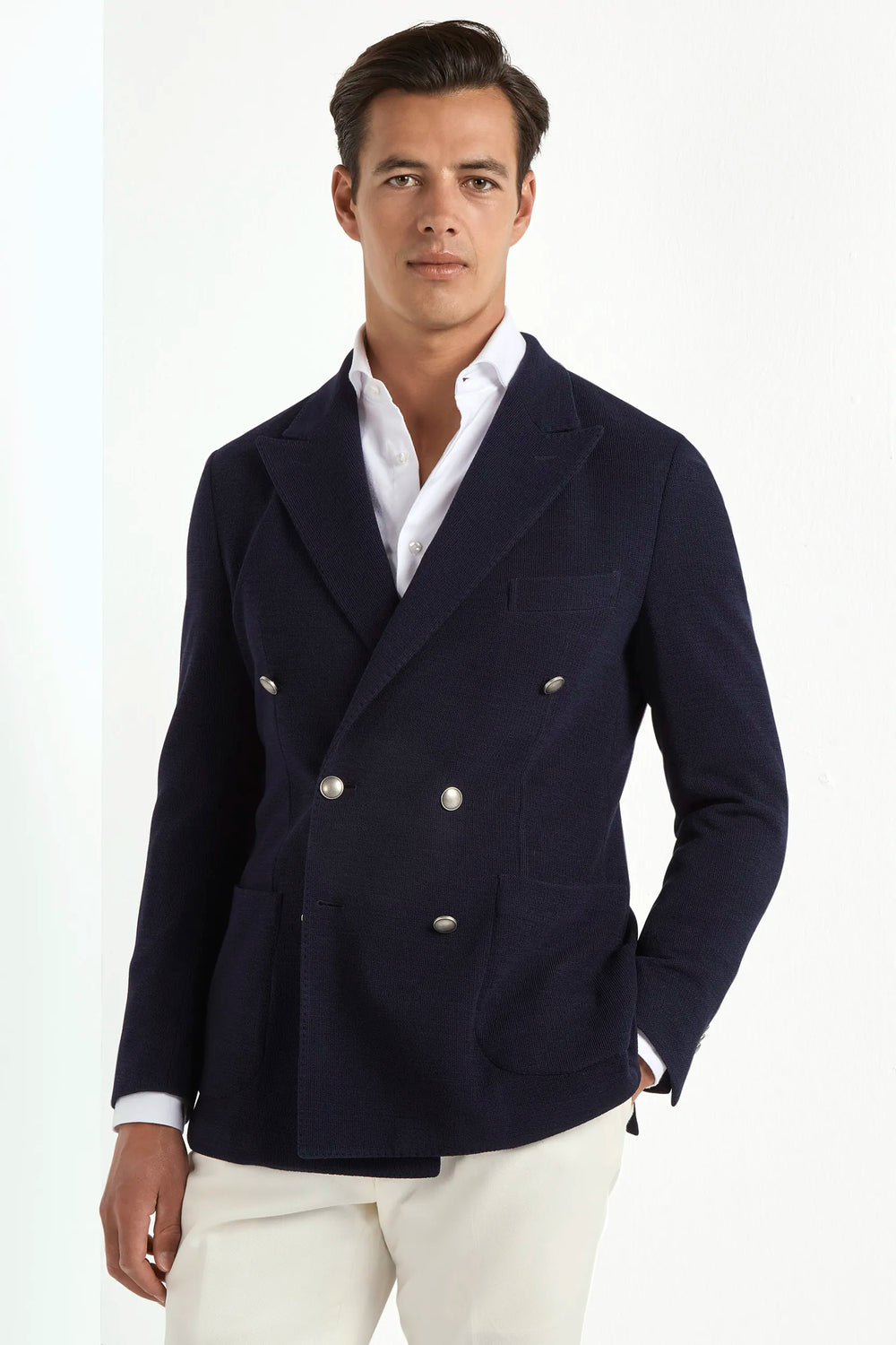 blue jersey jacket, men's double breasted jacket, italian jersey jacket, blue jersey blazer, luxury men's jacket, elegant men's blazer, refined jersey jacket, tailored blue jacket, premium italian jacket, sophisticated men's blazer, timeless italian jacket, upscale men's blazer, classic blue jersey jacket, italian craftsmanship blazer, premium men's jersey blazer, refined italian double breasted jacket