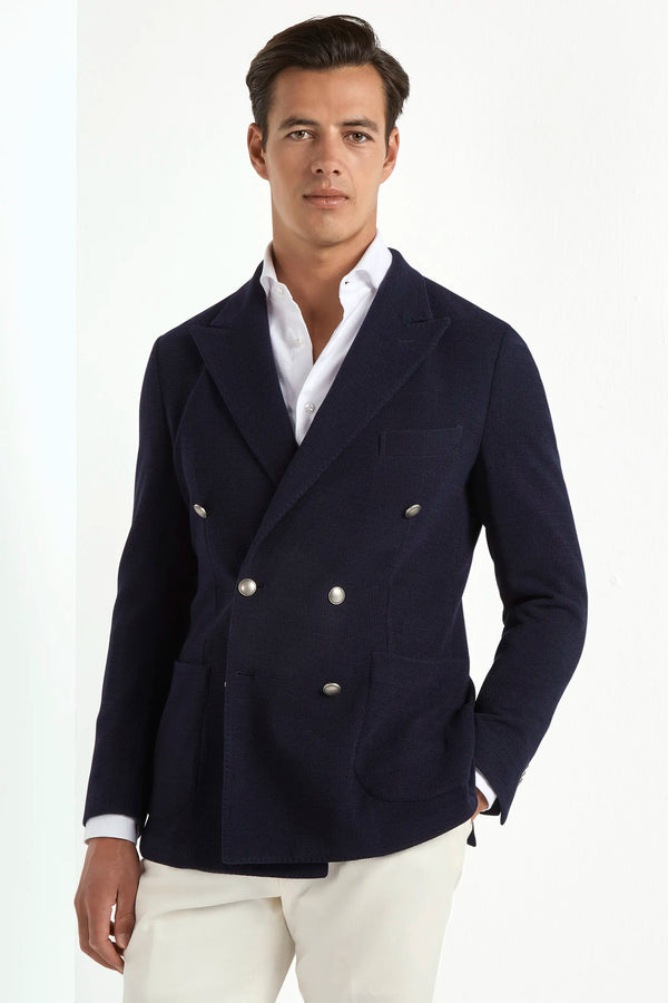 blue jersey jacket, men's double breasted jacket, italian jersey jacket, blue jersey blazer, luxury men's jacket, elegant men's blazer, refined jersey jacket, tailored blue jacket, premium italian jacket, sophisticated men's blazer, timeless italian jacket, upscale men's blazer, classic blue jersey jacket, italian craftsmanship blazer, premium men's jersey blazer, refined italian double breasted jacket