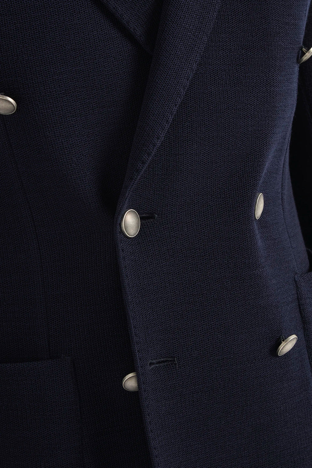 blue jersey jacket, men's double breasted jacket, italian jersey jacket, blue jersey blazer, luxury men's jacket, elegant men's blazer, refined jersey jacket, tailored blue jacket, premium italian jacket, sophisticated men's blazer, timeless italian jacket, upscale men's blazer, classic blue jersey jacket, italian craftsmanship blazer, premium men's jersey blazer, refined italian double breasted jacket