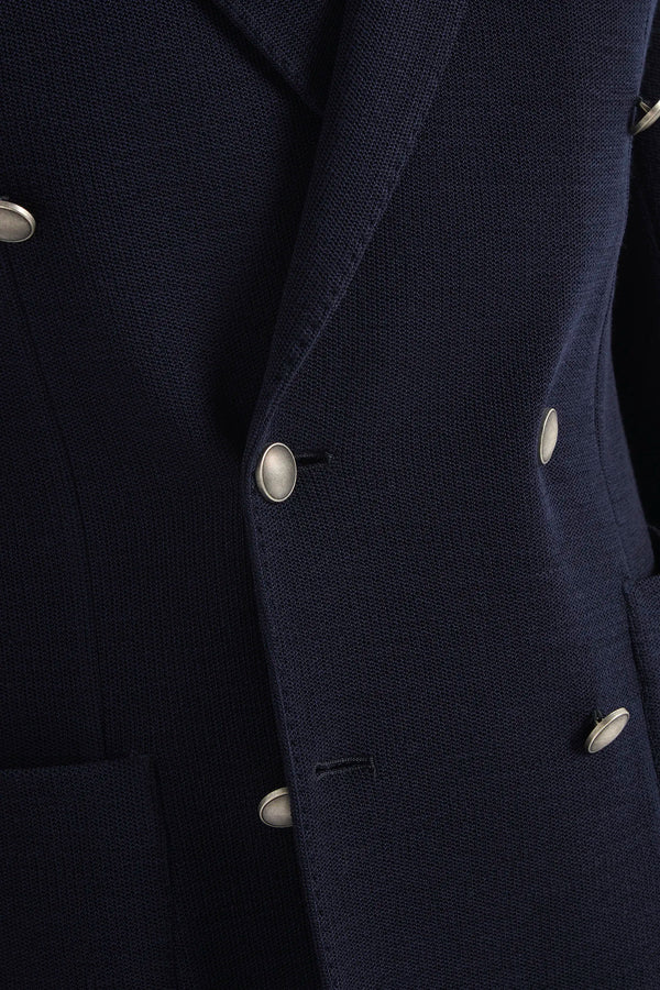 blue jersey jacket, men's double breasted jacket, italian jersey jacket, blue jersey blazer, luxury men's jacket, elegant men's blazer, refined jersey jacket, tailored blue jacket, premium italian jacket, sophisticated men's blazer, timeless italian jacket, upscale men's blazer, classic blue jersey jacket, italian craftsmanship blazer, premium men's jersey blazer, refined italian double breasted jacket