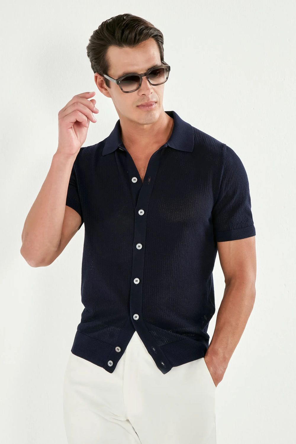 Men Pini Parma blue polo cardigan, knitwear, made in italy in cotton 