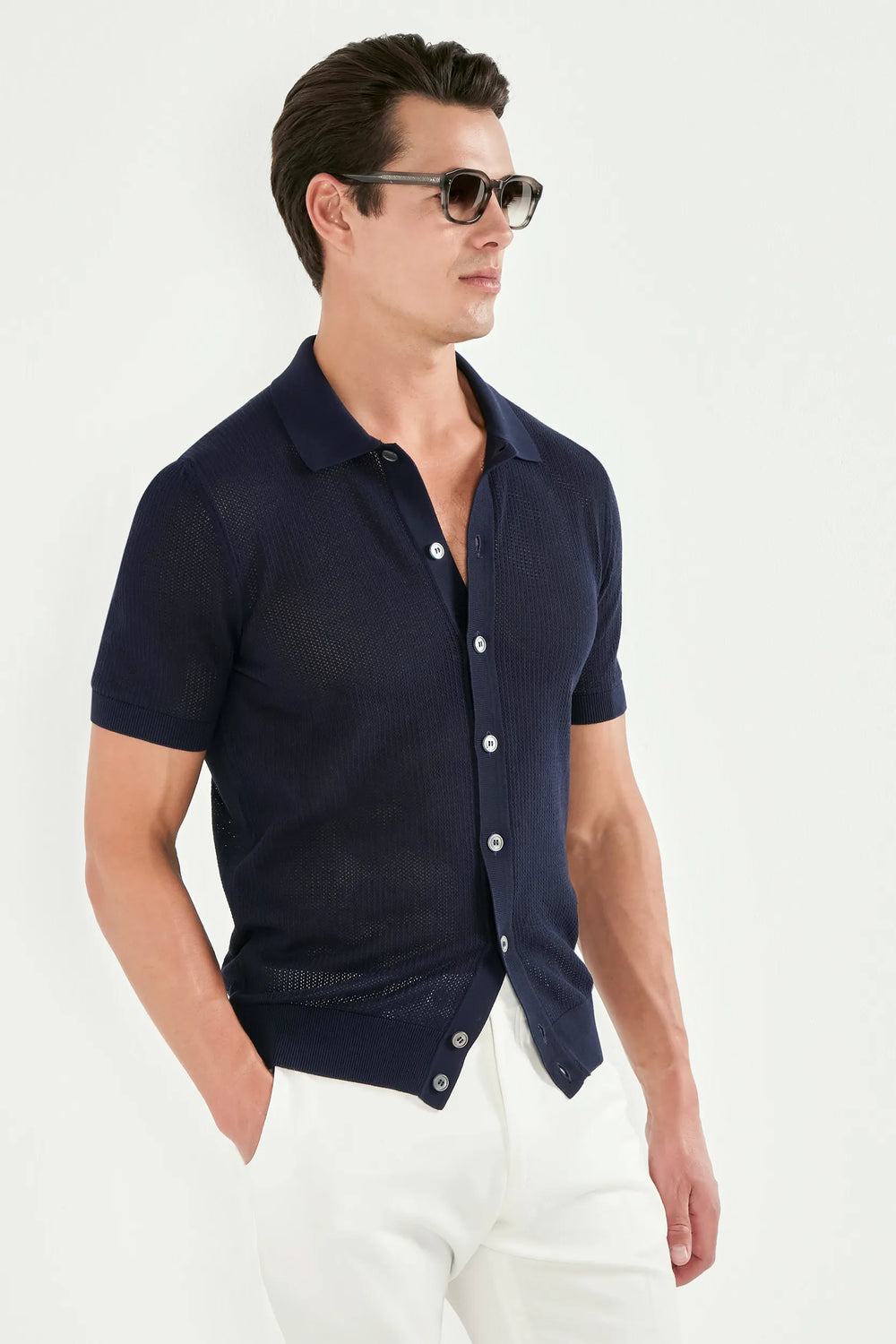 Men Pini Parma blue polo cardigan, knitwear, made in italy in cotton 