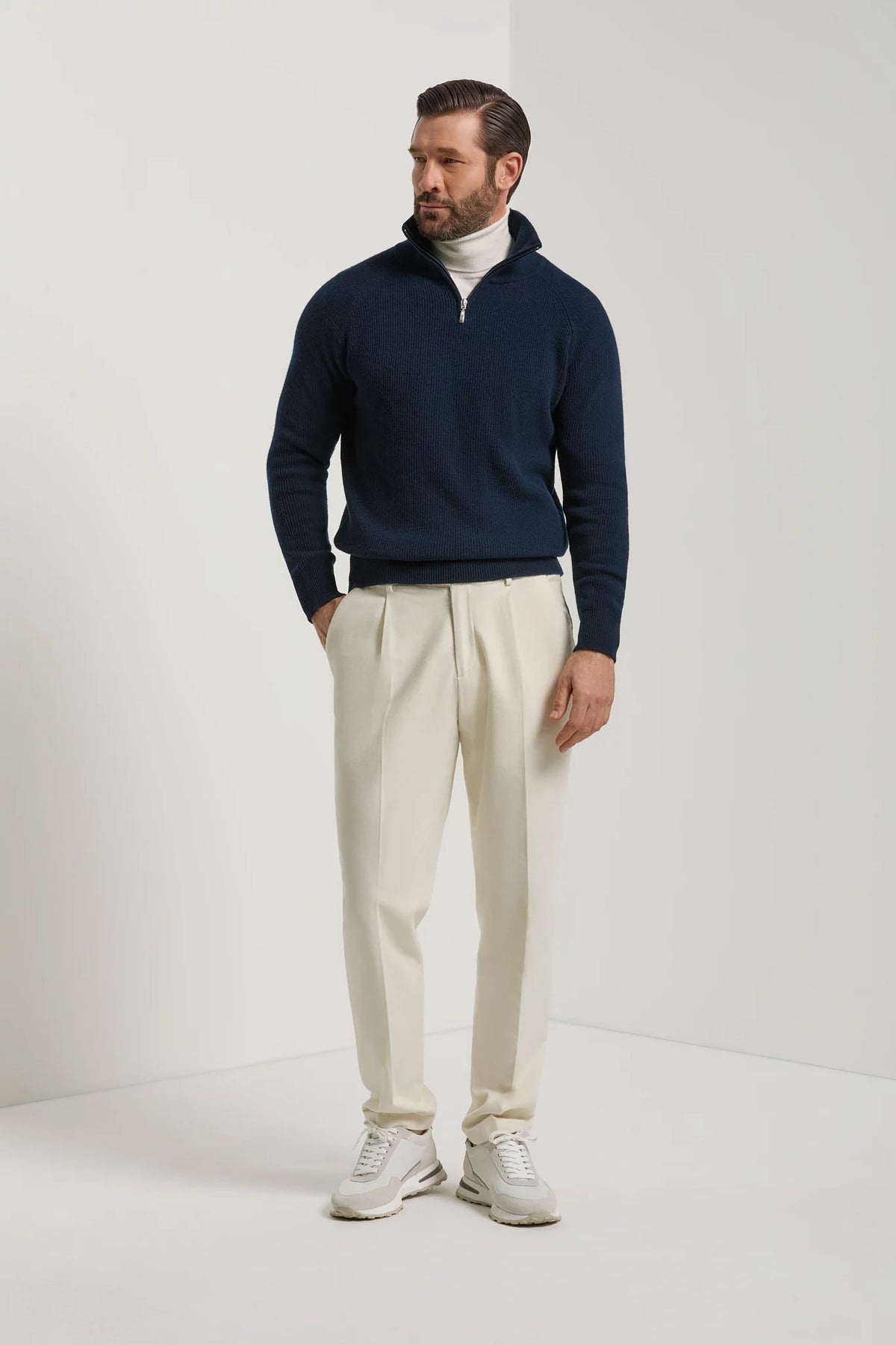 Pini Parma made in Italy men blue ribed half zip sweater