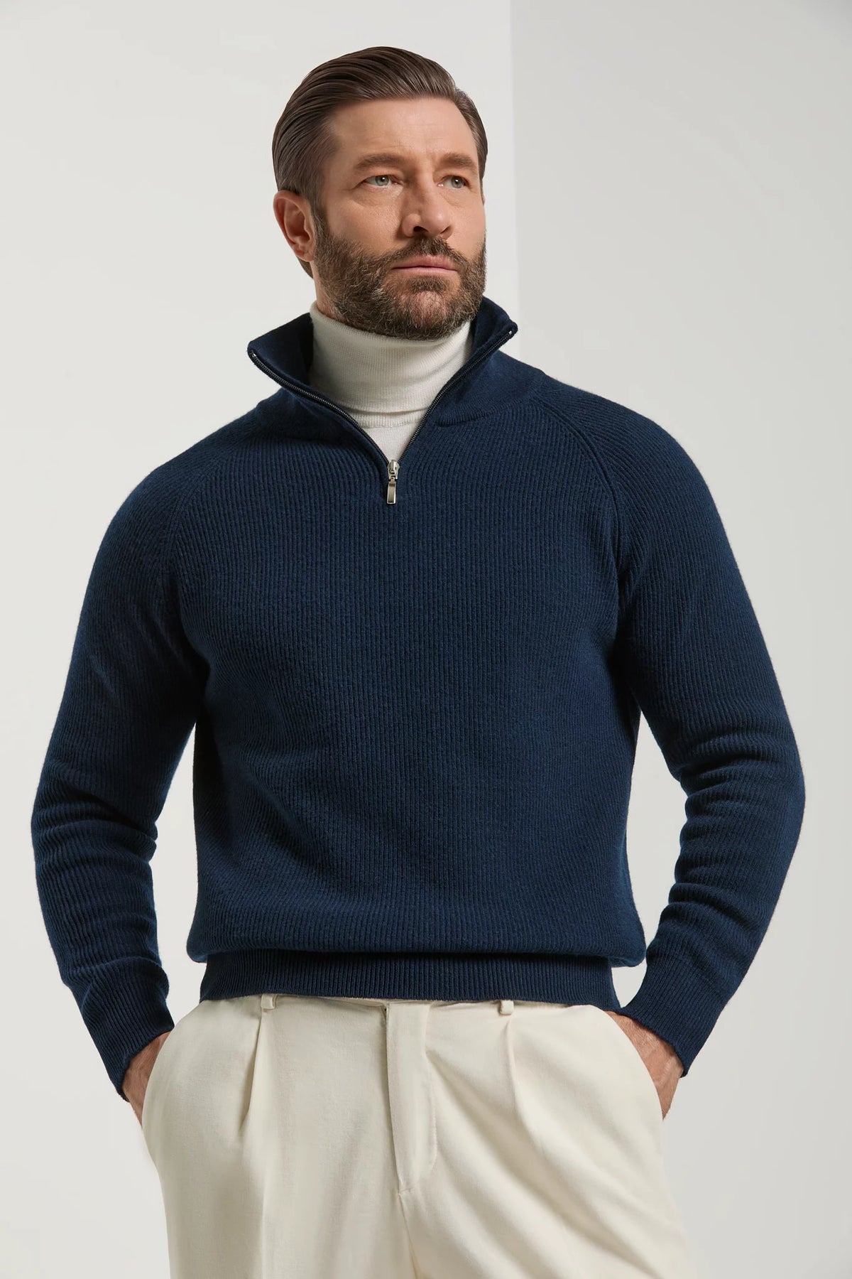 Pini Parma made in Italy men blue ribed half zip sweater