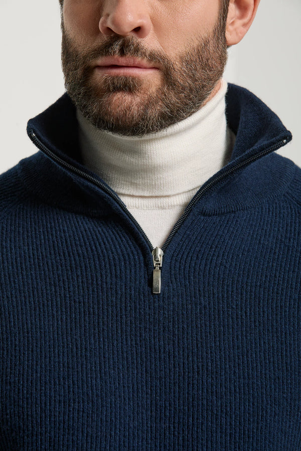 Pini Parma made in Italy men blue ribed half zip sweater
