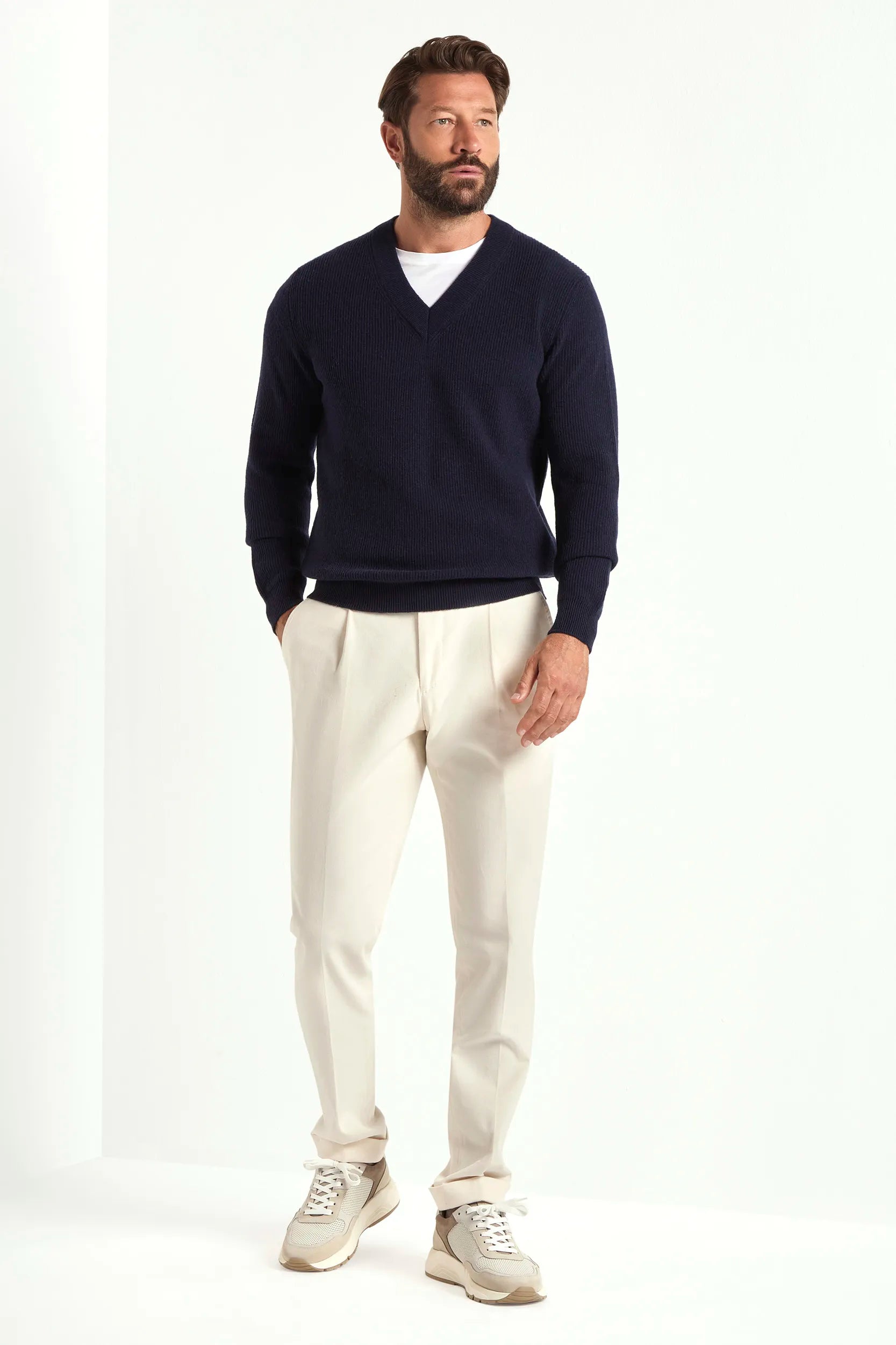 v neck sweater with dress shirt Blue ribbed v-neck sweater | Made in Italy