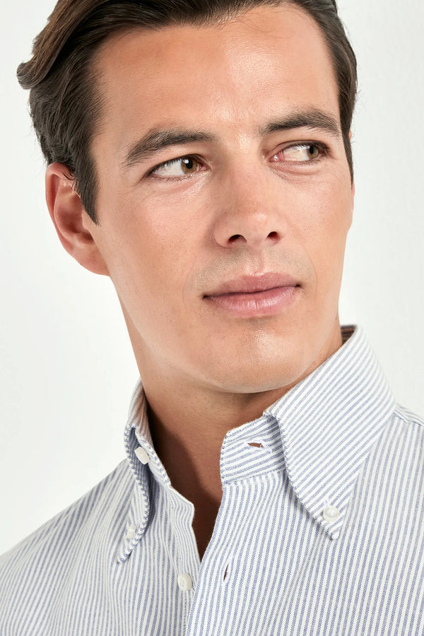 blue striped brushed cotton shirt, men striped cotton shirt, italian brushed cotton shirt, blue striped button down shirt, luxury men's striped cotton shirt, elegant men's button down shirt, refined brushed cotton shirt, tailored blue striped shirt, premium italian cotton shirt, sophisticated men's striped shirt, timeless italian button down shirt, upscale men's cotton shirt, classic blue striped shirt, italian craftsmanship button down shirt, premium men's striped shirt, refined italian brushed cotton shir