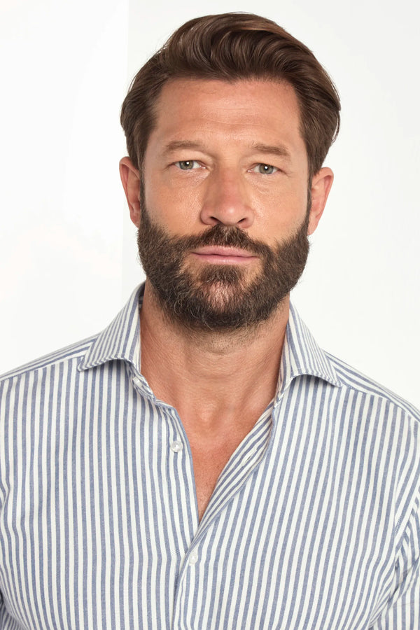 blue striped shirt, men's striped shirt, italian cotton cashmere shirt, blue button down shirt, luxury men's shirt, elegant men's shirt, refined striped shirt, tailored blue shirt, premium italian shirt, sophisticated men's shirt, timeless italian shirt, upscale men's shirt, classic striped shirt, italian craftsmanship shirt, premium men's cashmere shirt, refined italian striped shirt