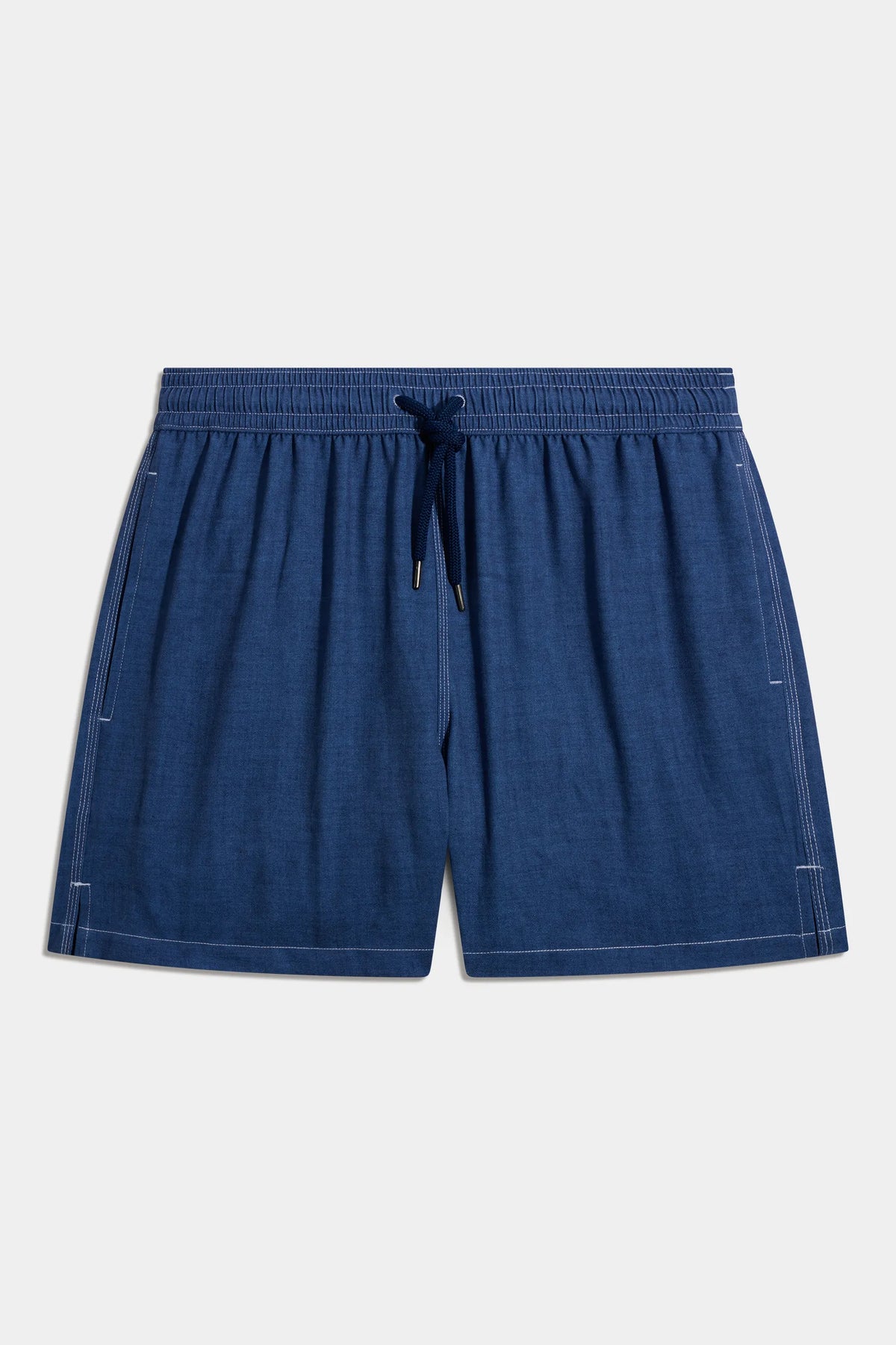 Blue shorts with drawstring on a light gray background