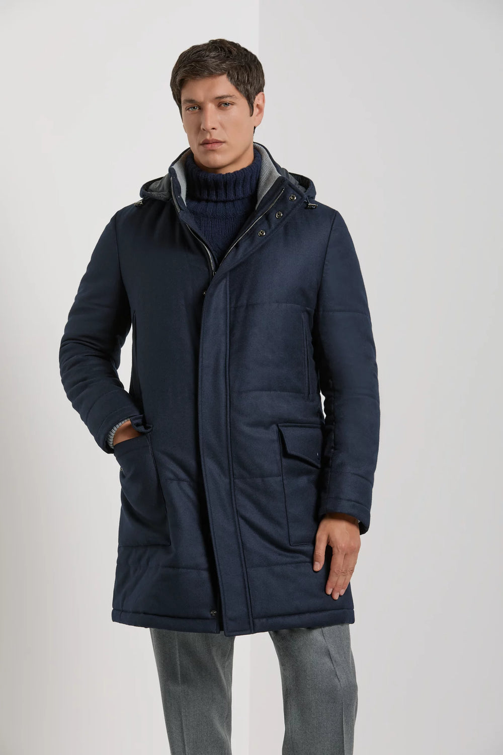 Pini Parma made in Italy men blue wool and cashemere padded coat