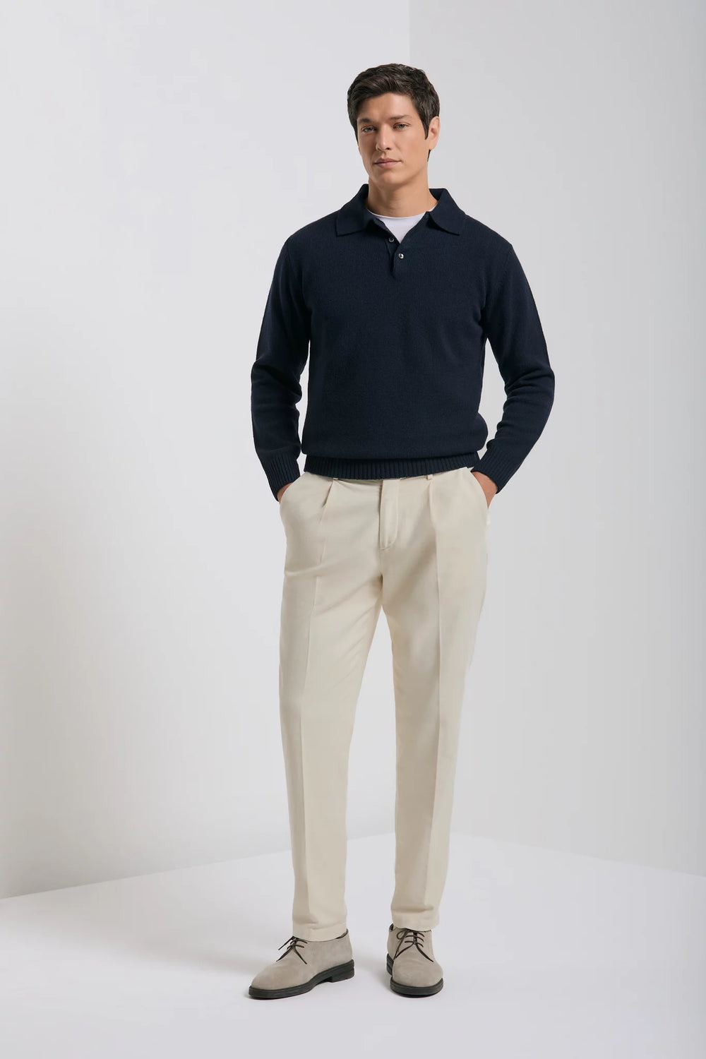 men pini parma blue long sleeve polo made in italy in wool and cashmere 
