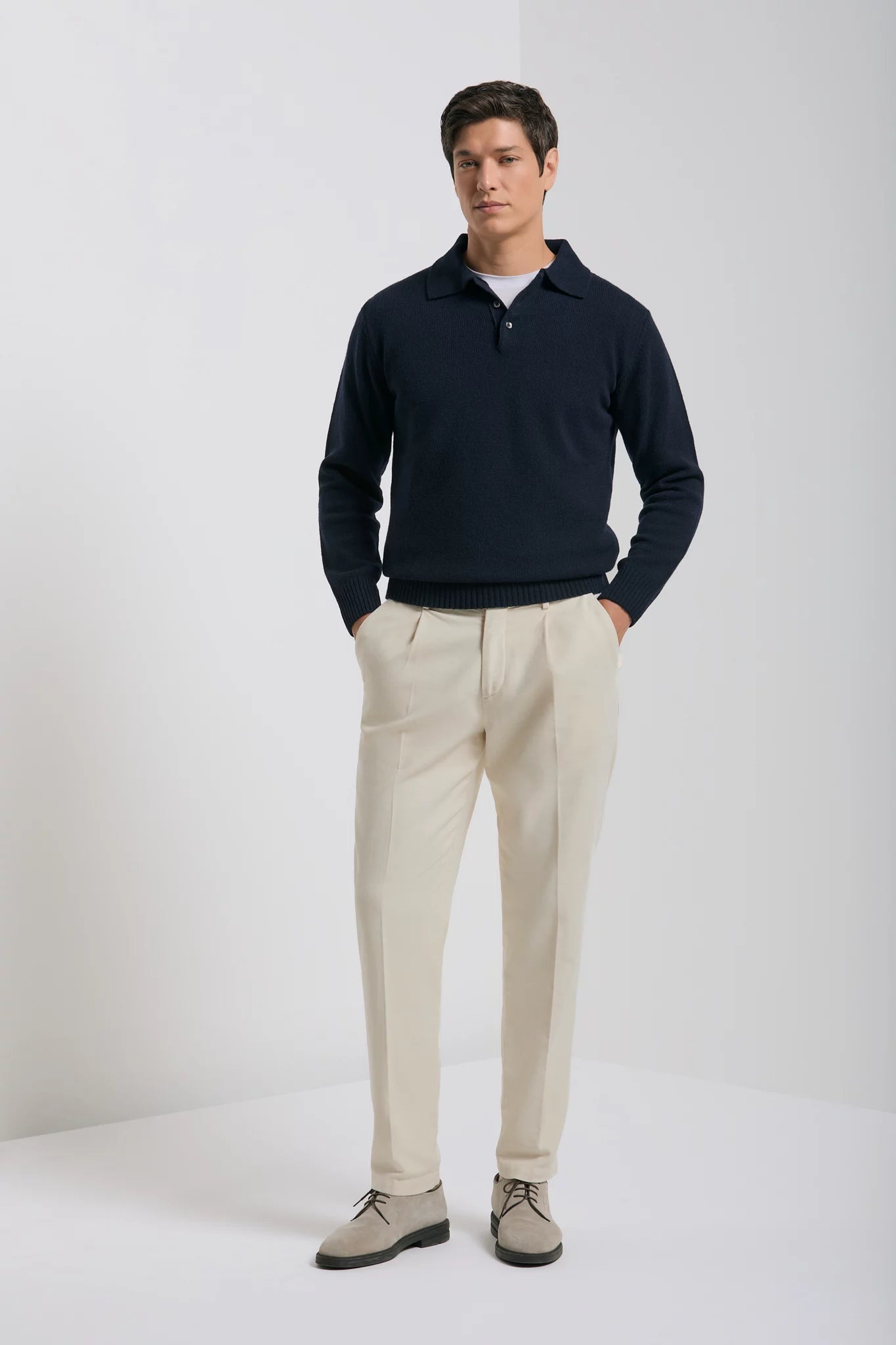 men pini parma blue long sleeve polo made in italy in wool and cashmere 