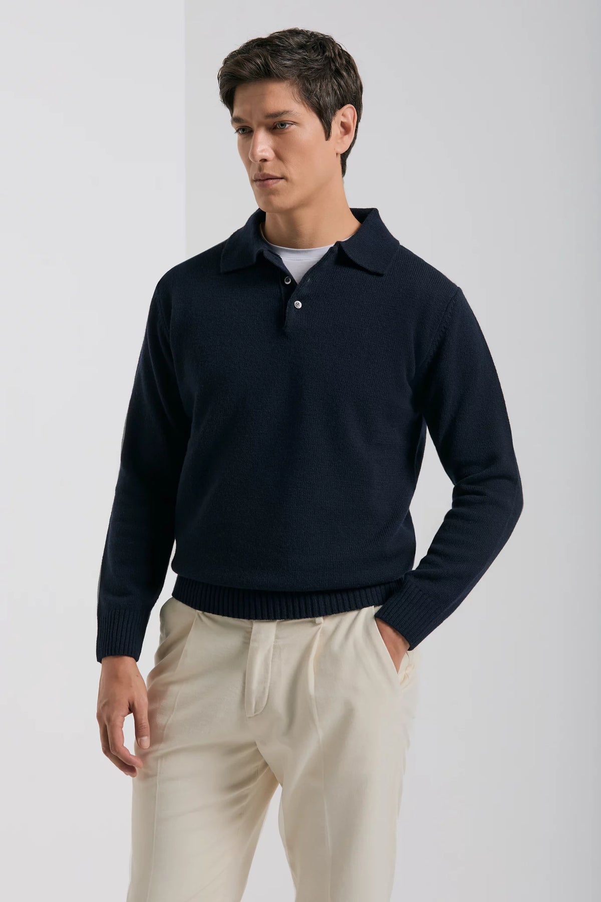 men pini parma blue long sleeve polo made in italy in wool and cashmere 