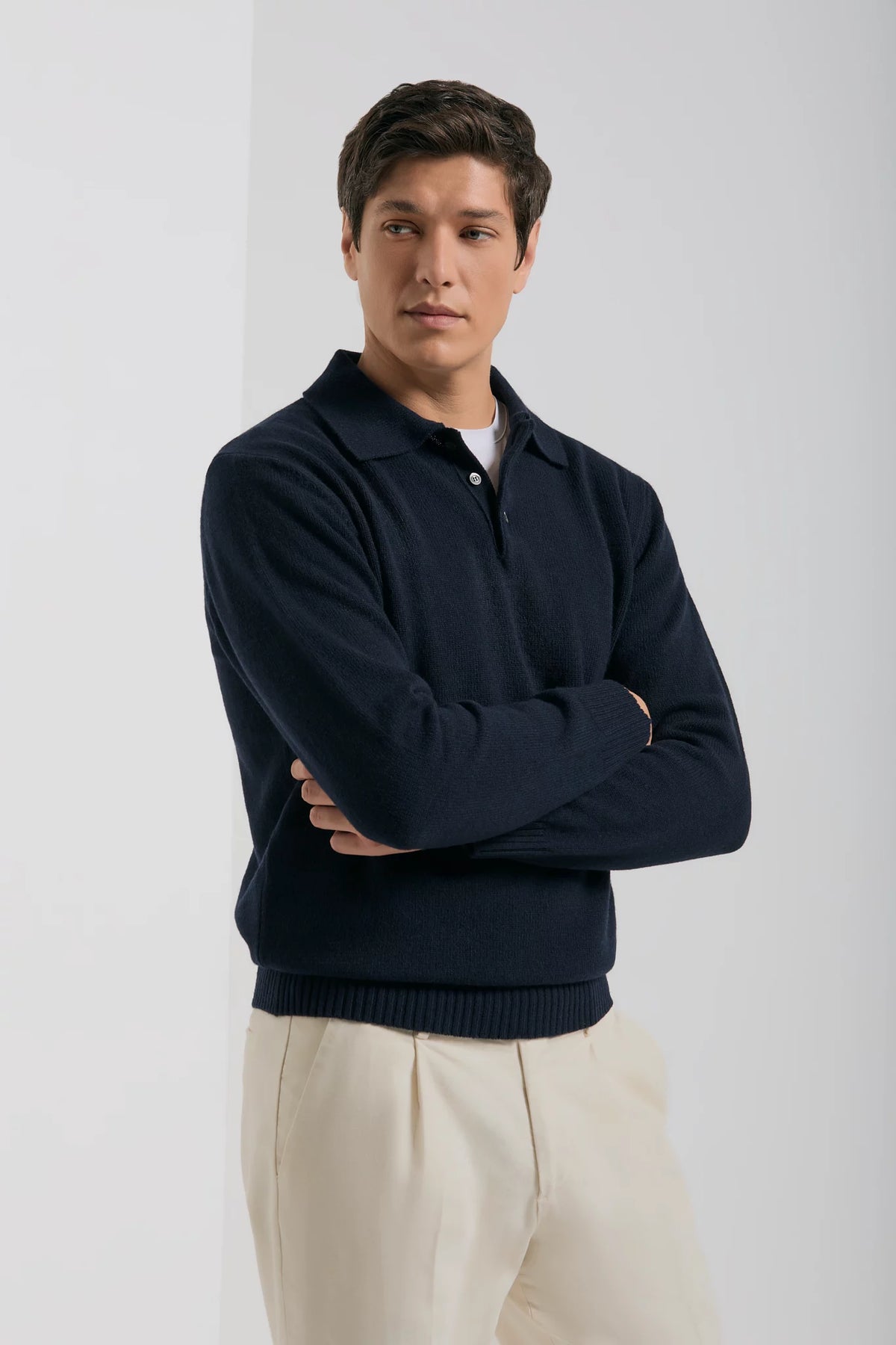 men pini parma blue long sleeve polo made in italy in wool and cashmere 