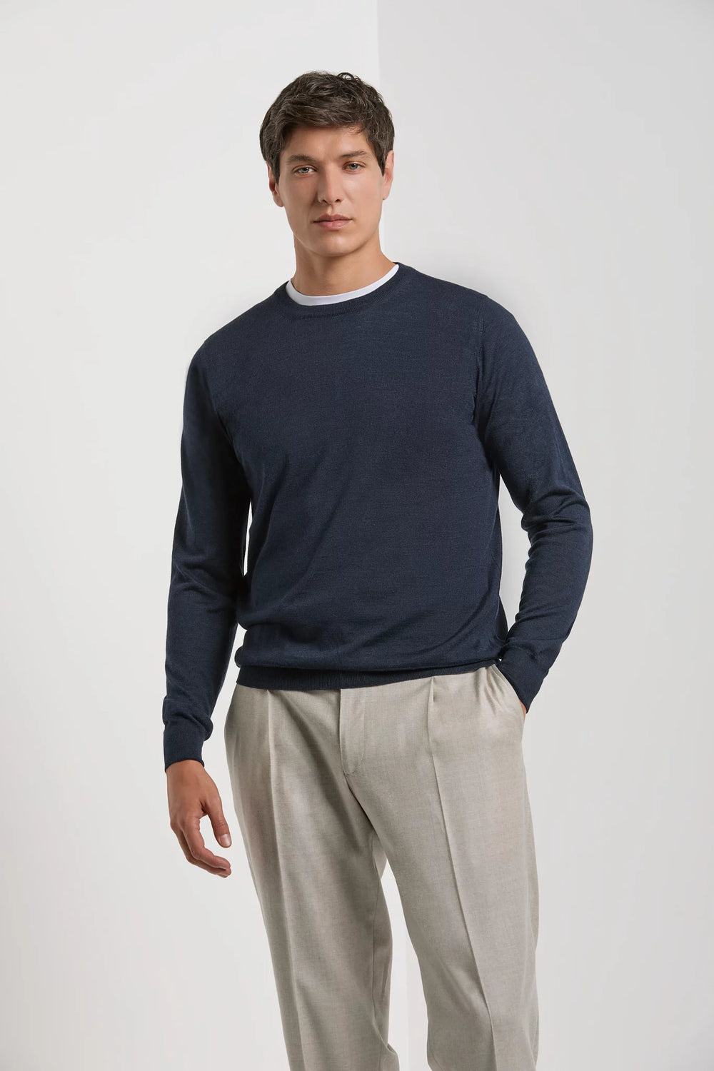 Men Pini Parma blue round neck made in italy in silk and wool by gran sasso 