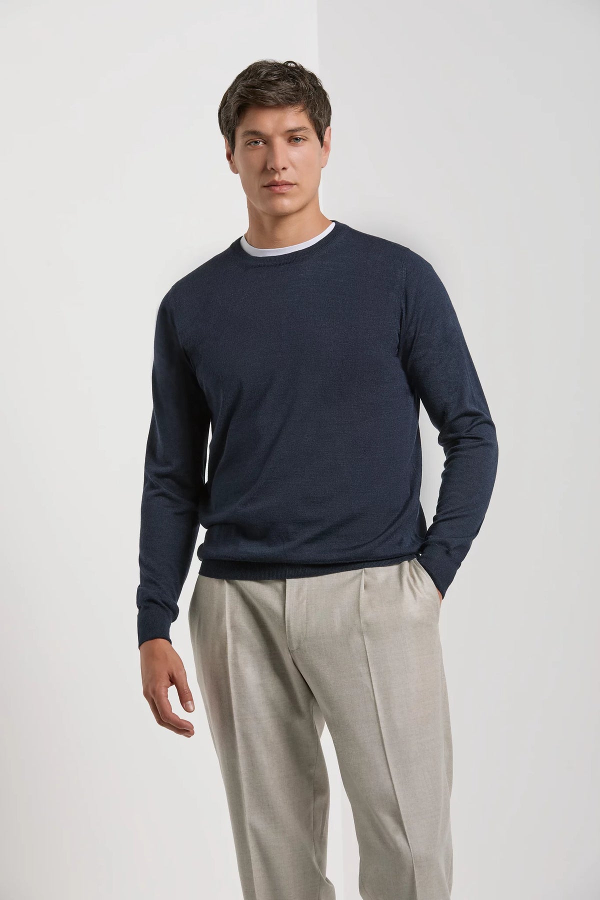 Men Pini Parma blue round neck made in italy in silk and wool by gran sasso 
