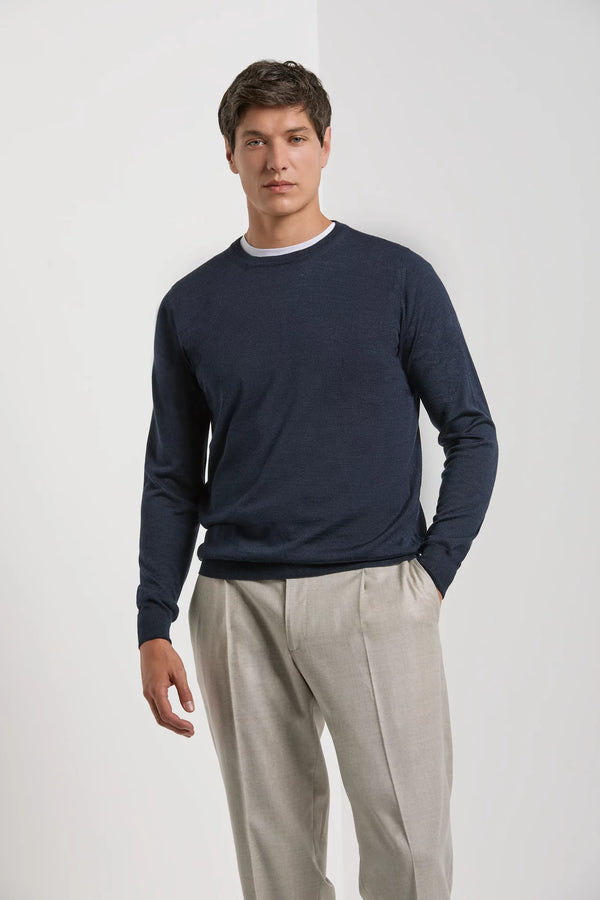 Men Pini Parma blue round neck made in italy in silk and wool by gran sasso 