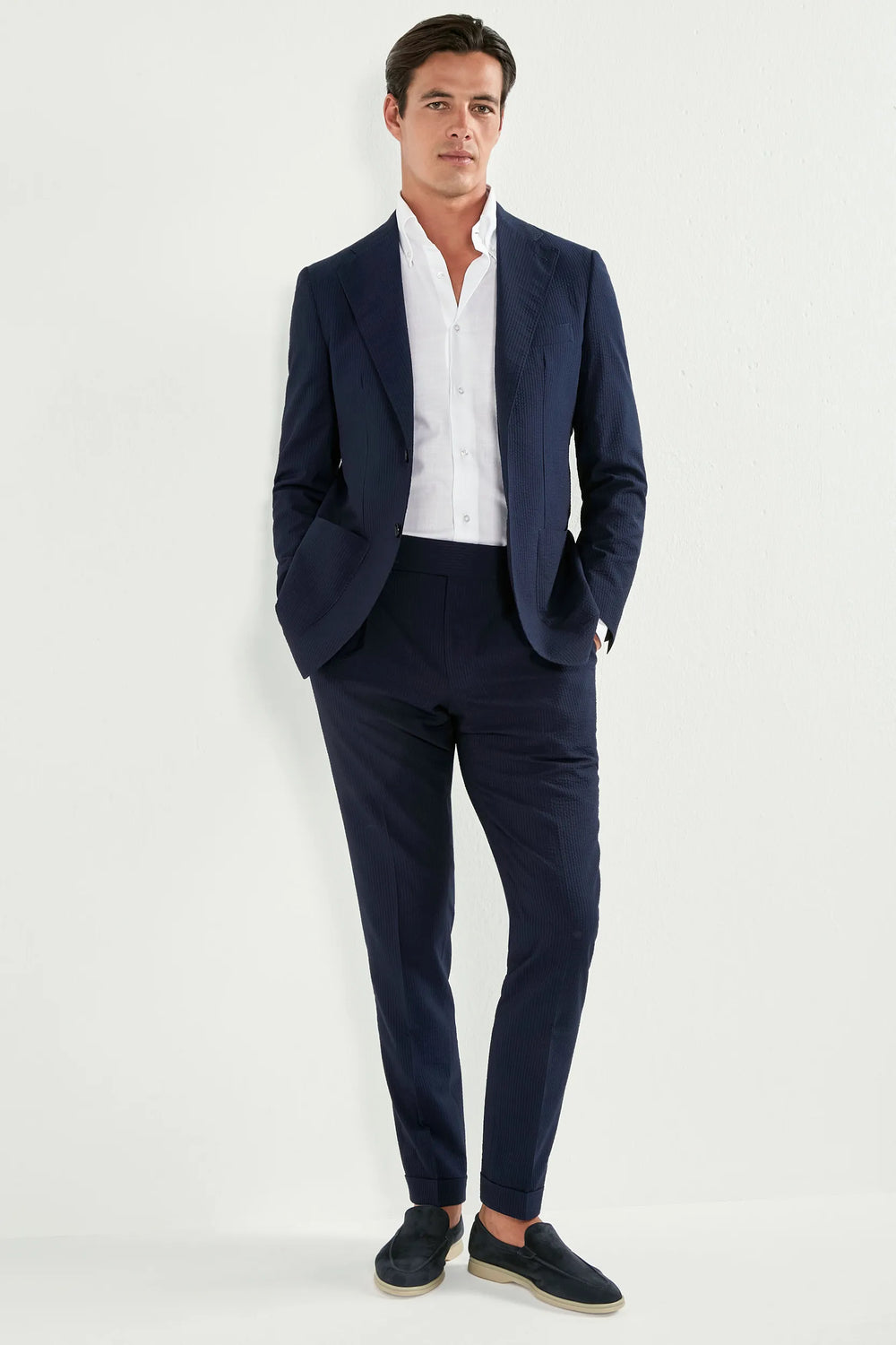 Men Pini Parma single breasted blue suit in seersucker made in italy in wool and silk from Loro Piana 