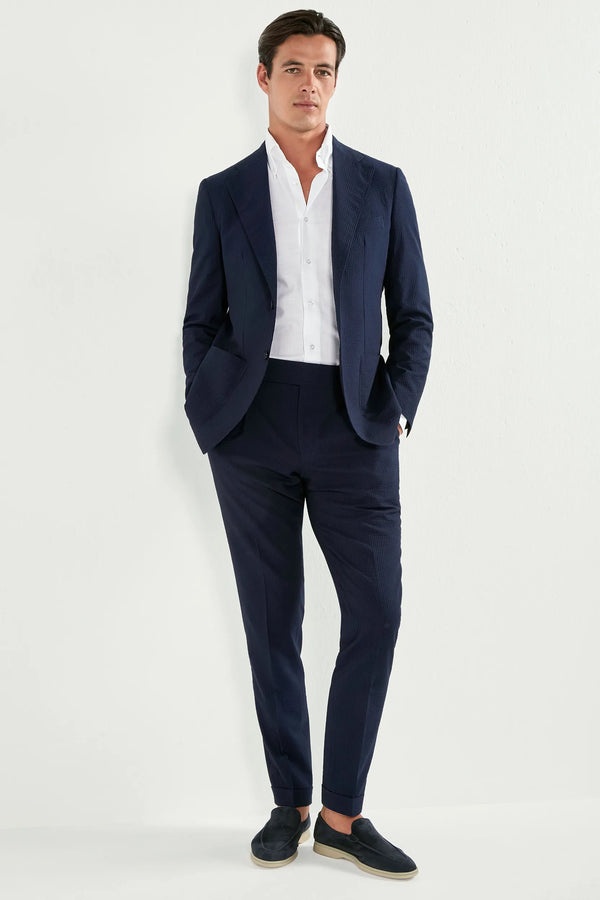 Men Pini Parma single breasted blue suit in seersucker made in italy in wool and silk from Loro Piana 