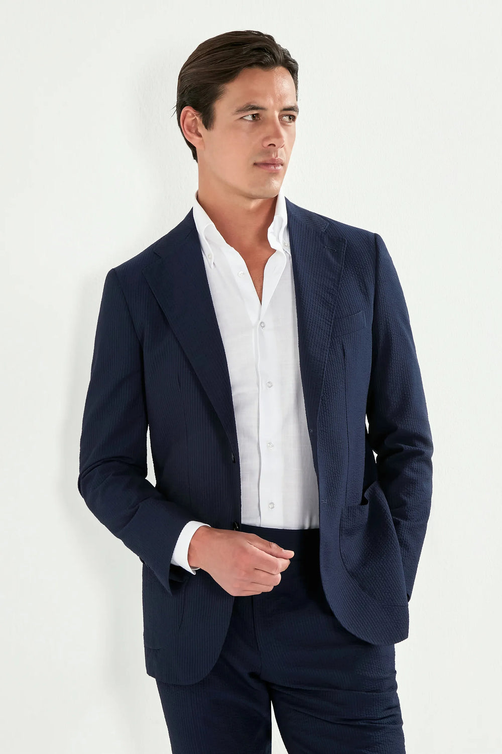 Men Pini Parma single breasted blue suit in seersucker made in italy in wool and silk from Loro Piana 