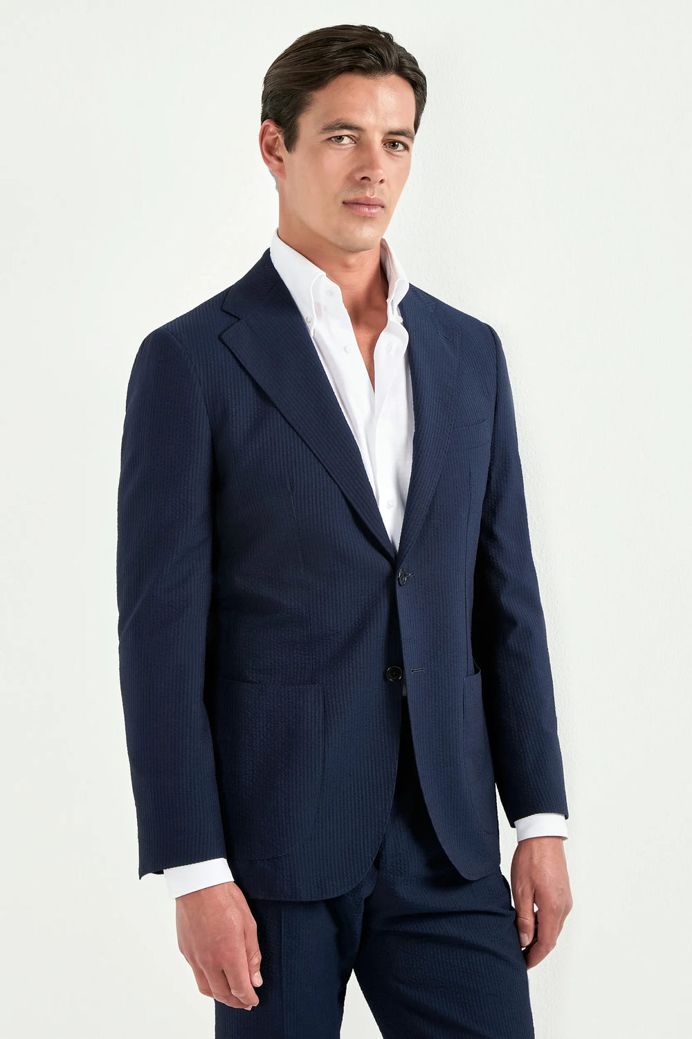 Men Pini Parma single breasted blue suit in seersucker made in italy in wool and silk from Loro Piana 