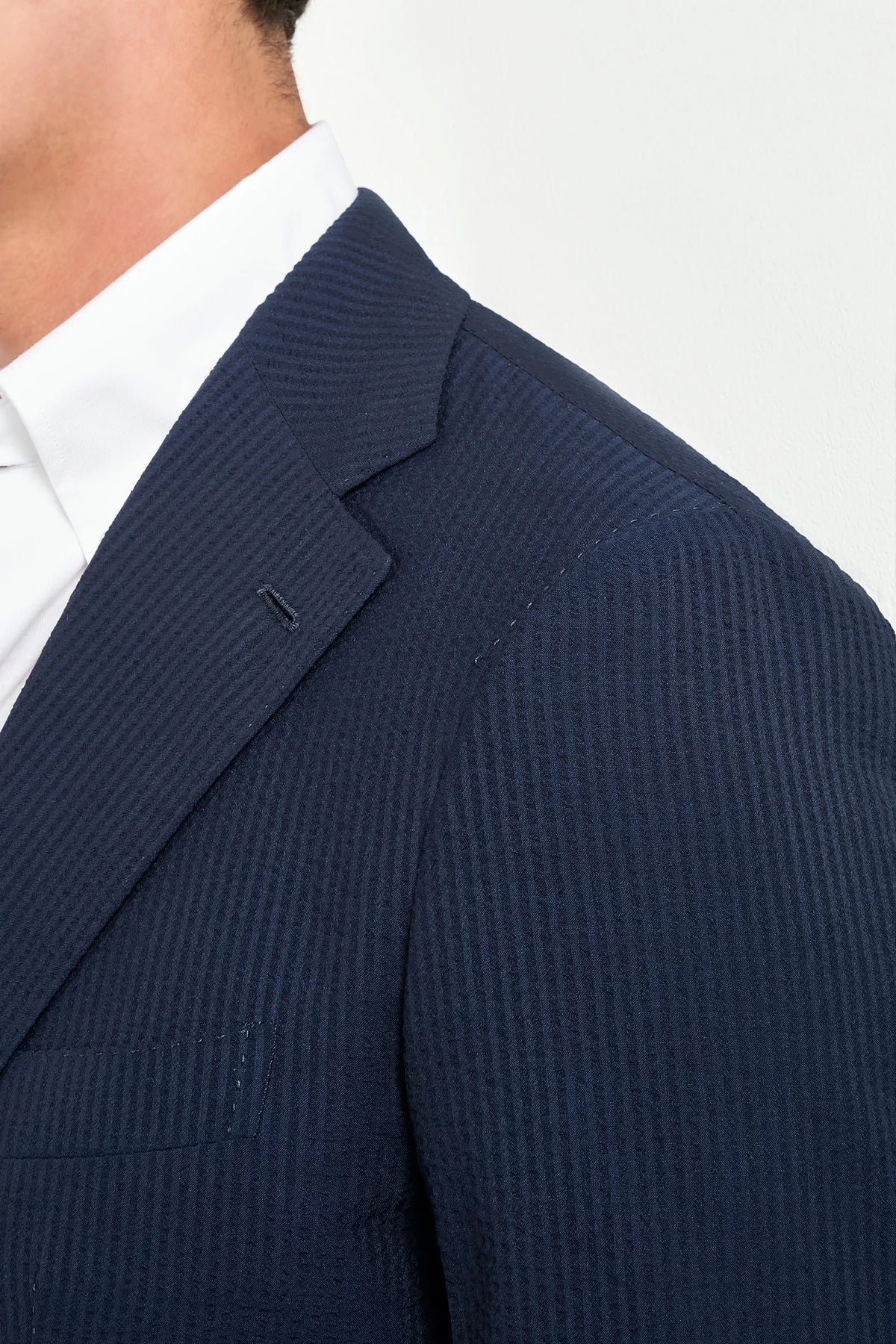 Men Pini Parma single breasted blue suit in seersucker made in italy in wool and silk from Loro Piana 