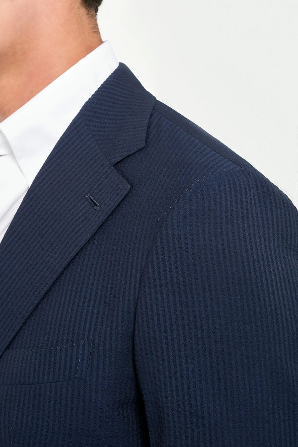 Men Pini Parma single breasted blue suit in seersucker made in italy in wool and silk from Loro Piana 