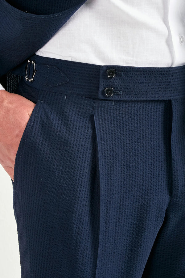 Men Pini Parma single breasted blue suit in seersucker made in italy in wool and silk from Loro Piana 