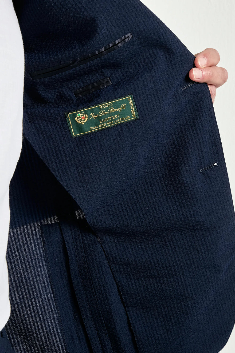 Men Pini Parma single breasted blue suit in seersucker made in italy in wool and silk from Loro Piana 